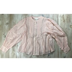 H&M Womens Blush Pink Lace Pintuck Pleated Puff Sleeve Blouse Top Size Small NWT